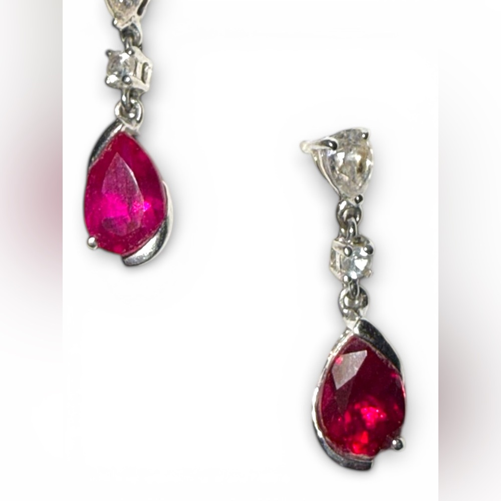 Authentic Genuine Ruby & Diamond Drop Earrings w/ Certificate 14K Gold - Picture 5 of 16